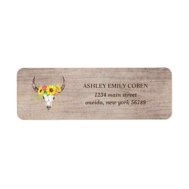 Bull Skull on Dark Wood with Sunflowers Address (Front)