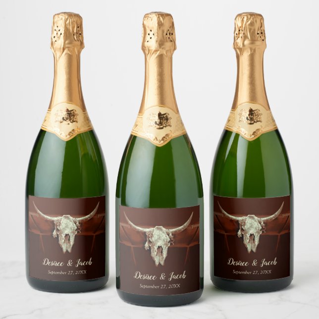 Bull Skull Wedding Rustic Brown Country Western Sparkling Wine Label (Bottles)