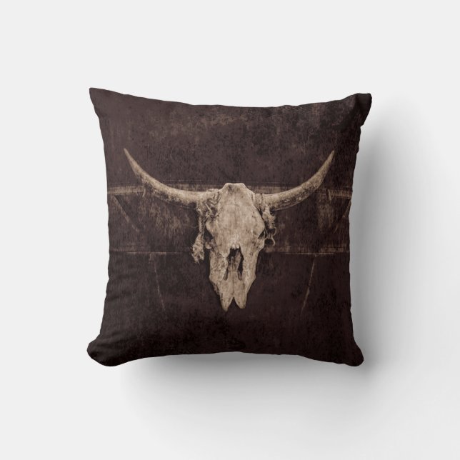Bull Skull Western Country Brown Beige Old Rustic Cushion (Front)