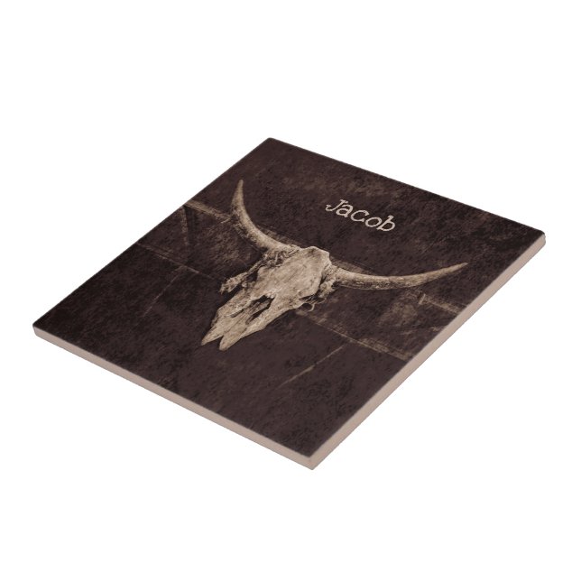 Bull Skull Western Country Brown Beige Rustic Old Tile (Side)
