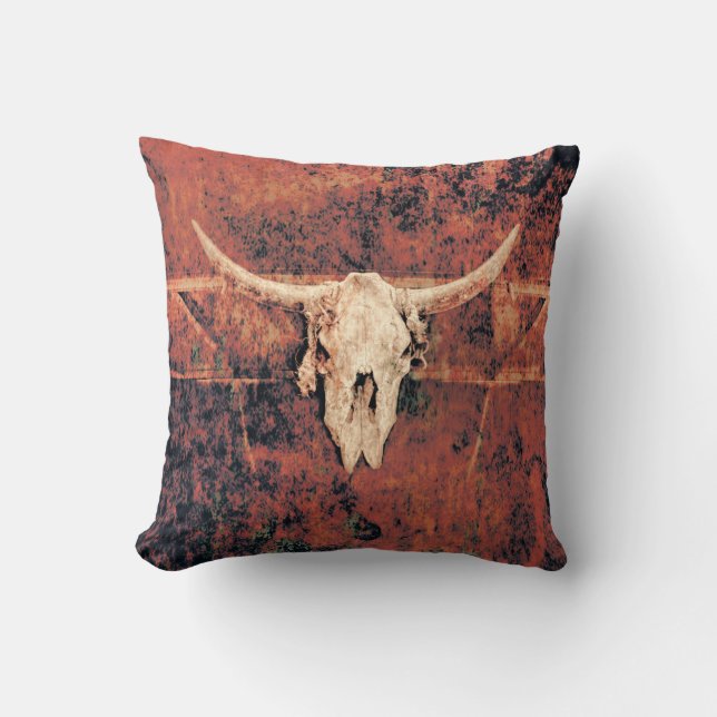 Bull Skull Western Country Brown Black Rustic Art Cushion (Front)