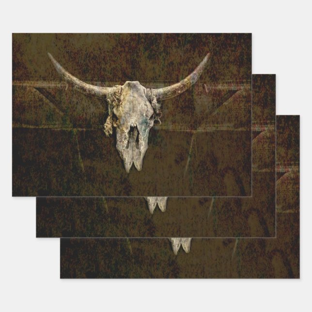 Bull Skull Western Country Brown Old Rustic Grunge Wrapping Paper Sheet (Set)