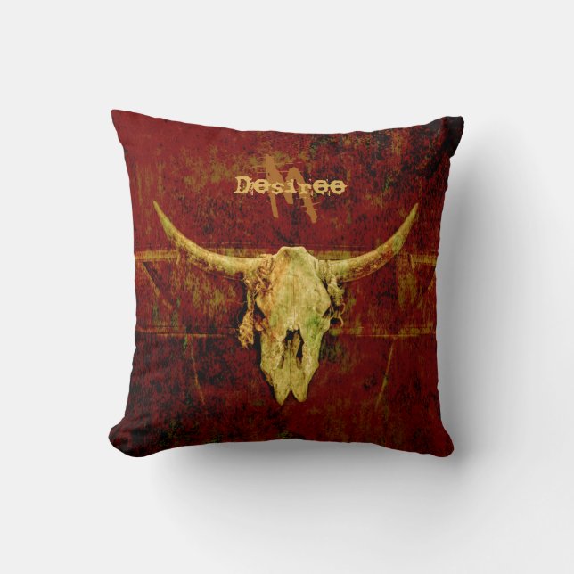 Bull Skull Western Country Brown Rustic Monogram Cushion (Front)