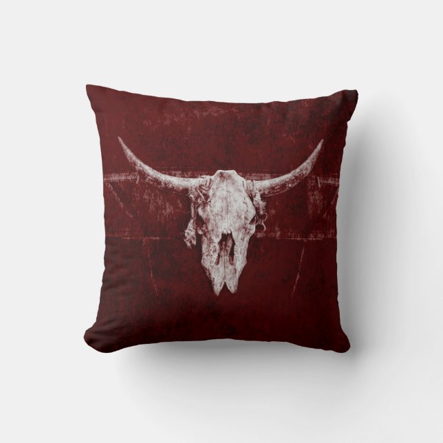Bull Skull Western Country Burgundy Red Old Rustic Cushion (Front)