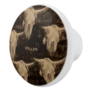 Bull Skull Western  Country Rustic Brown Sepia Art Ceramic Knob