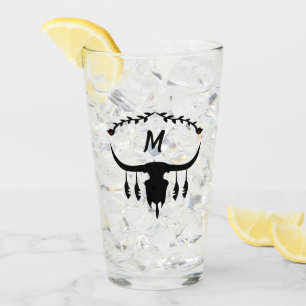 Bull Skull with Black Feathers Silhouette Glass