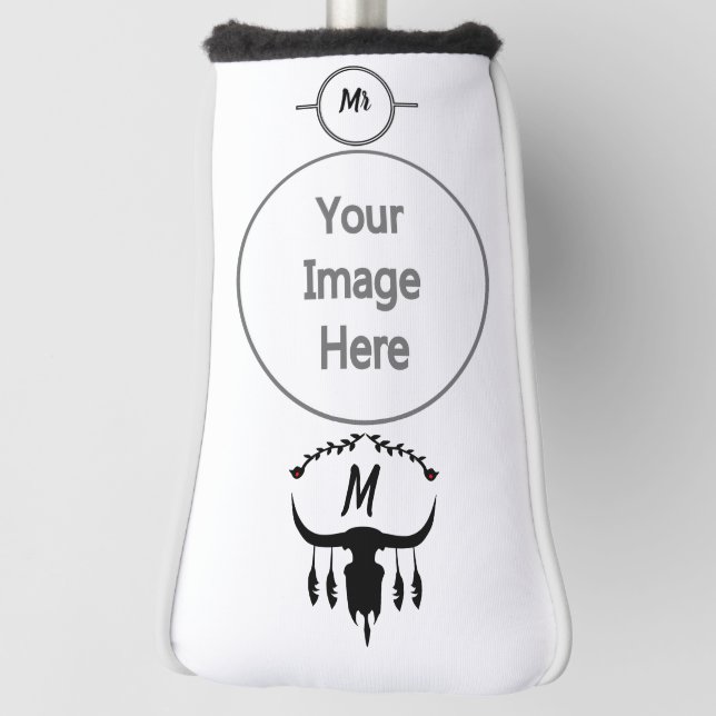 Bull Skull with Black Feathers Silhouette Golf Head Cover (Rotate 90)