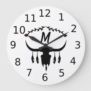 Bull Skull with Black Feathers Silhouette Large Clock