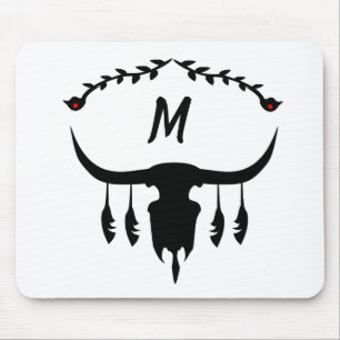 Bull Skull with Black Feathers Silhouette Mouse Mat
