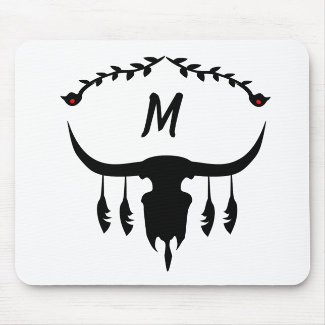 Bull Skull with Black Feathers Silhouette Mouse Mat (Front)