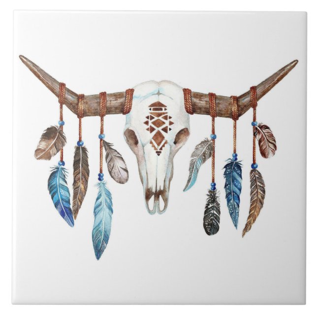 Bull Skull with feathers background Tile (Front)