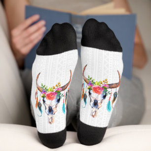 Bull Skull With Flowers And Feathers Socks