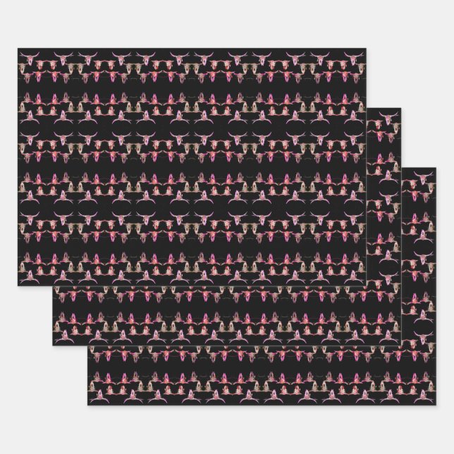 Bull Skulls Western Pink Brown Black Rustic Wrapping Paper Sheet (Set)