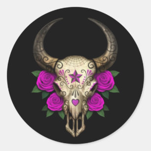 Bull Sugar Skull with Purple Roses on Black Classic Round Sticker