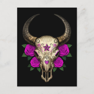 Bull Sugar Skull with Purple Roses on Black Postcard