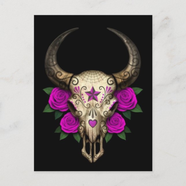 Bull Sugar Skull with Purple Roses on Black Postcard (Front)