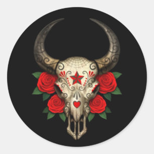 Bull Sugar Skull with Red Roses on Black Classic Round Sticker