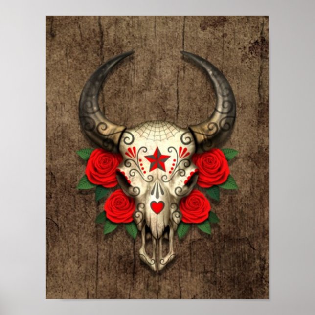 Bull Sugar Skull with Red Roses on Wood Graphic Poster (Front)