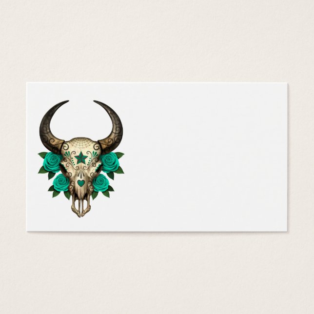 Bull Sugar Skull with Teal Blue Roses (Front)