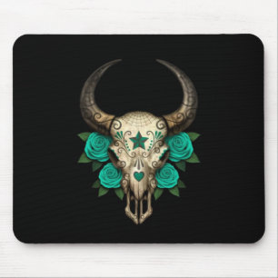Bull Sugar Skull with Teal Roses on Black Mouse Mat