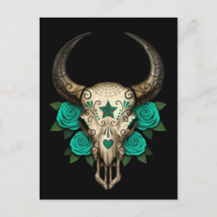 Bull Sugar Skull with Teal Roses on Black Postcard