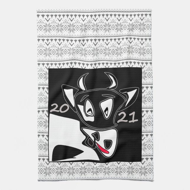 Bull symbol New Year 2021 Chinese calendar black w Tea Towel (Vertical)