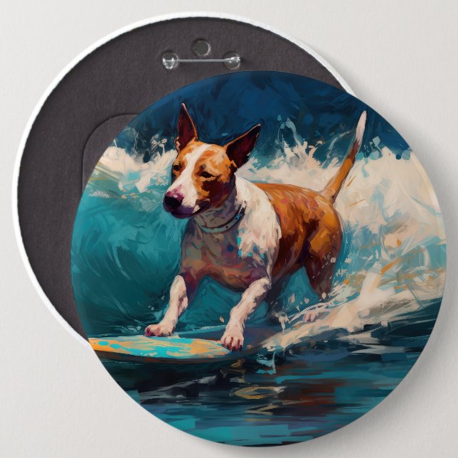 Bull Terrier Beach Surfing Painting 6 Cm Round Badge (Front & Back)