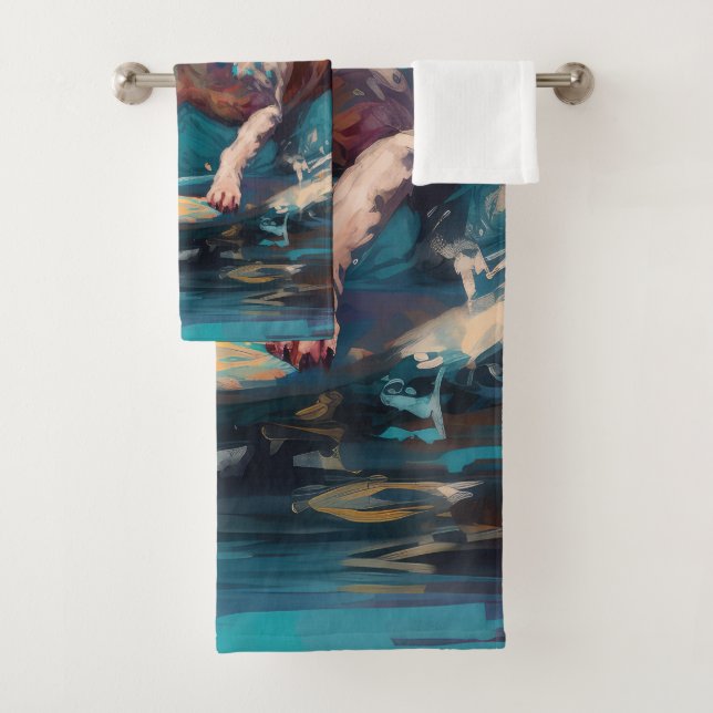 Bull Terrier Beach Surfing Painting Bath Towel Set (Insitu)