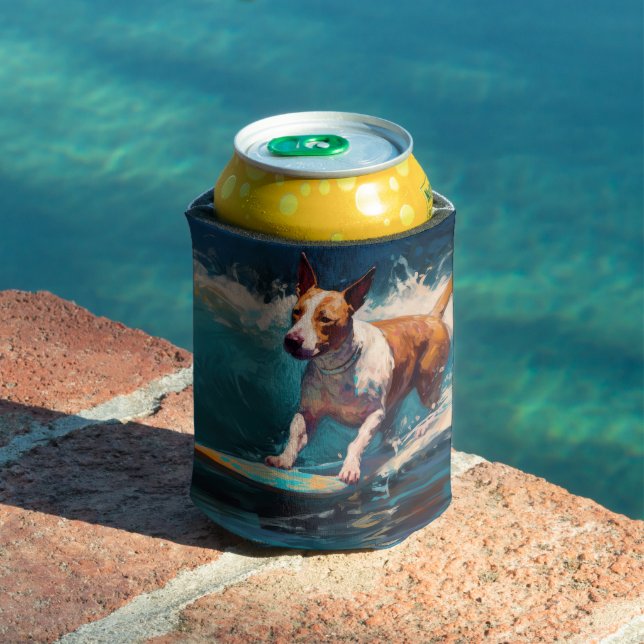 Bull Terrier Beach Surfing Painting Can Cooler (In Situ Pool)