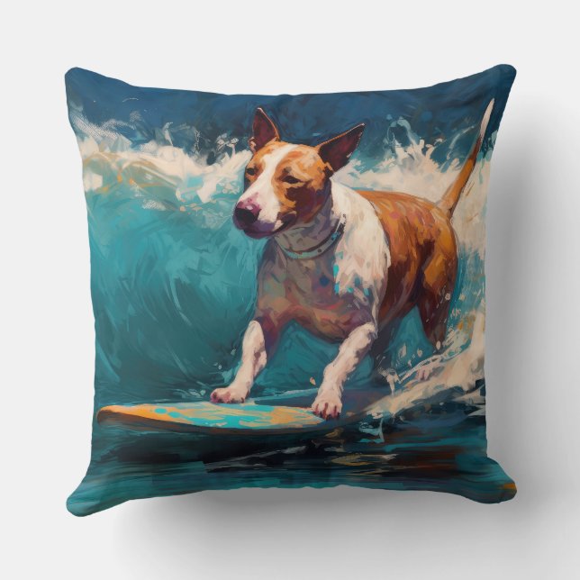 Bull Terrier Beach Surfing Painting Cushion (Back)
