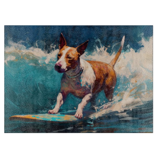Bull Terrier Beach Surfing Painting Cutting Board (Front)