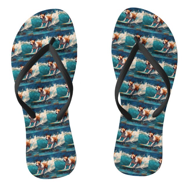 Bull Terrier Beach Surfing Painting Flip Flops (Footbed)