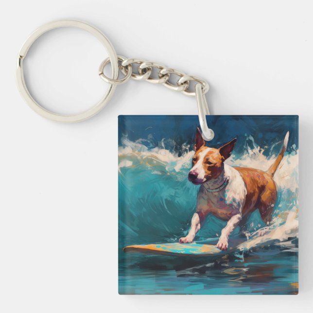 Bull Terrier Beach Surfing Painting Key Ring (Front)