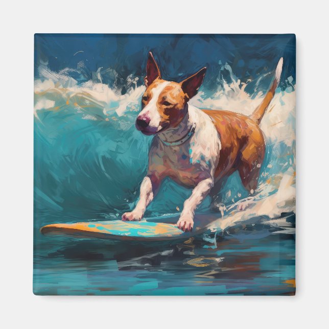 Bull Terrier Beach Surfing Painting Magnet (Front)