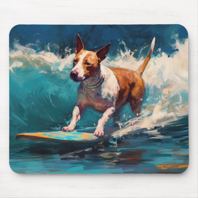 Bull Terrier Beach Surfing Painting Mouse Mat (Front)