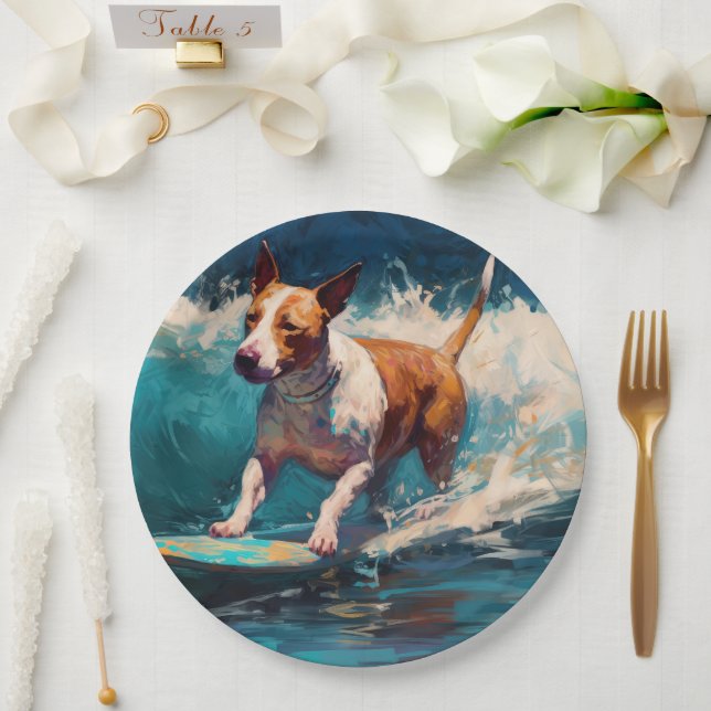 Bull Terrier Beach Surfing Painting Paper Plate (Wedding)