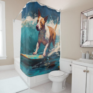 Bull Terrier Beach Surfing Painting Shower Curtain