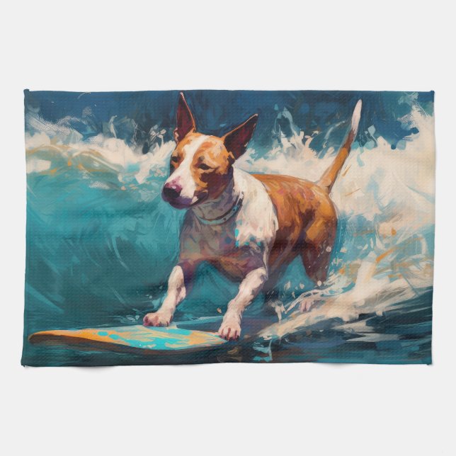 Bull Terrier Beach Surfing Painting Tea Towel (Horizontal)