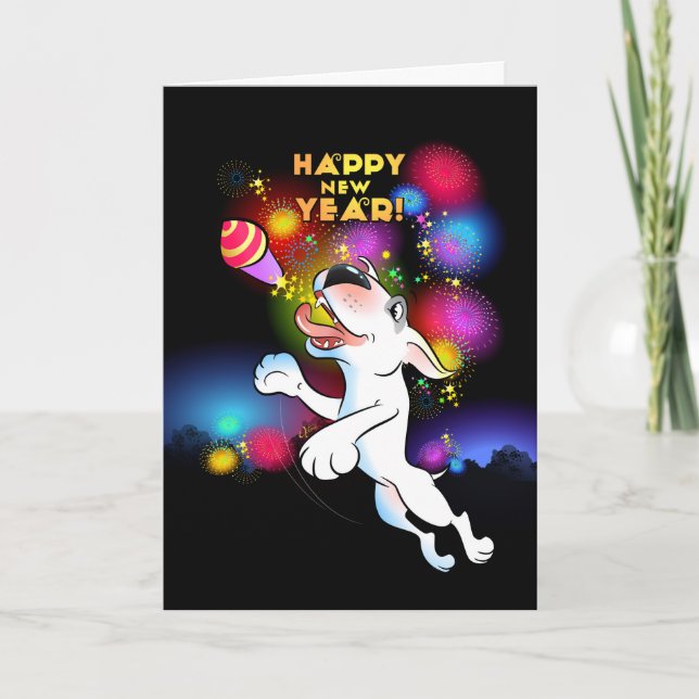 Bull Terrier Cartoon Card "Happy New Year" (Front)