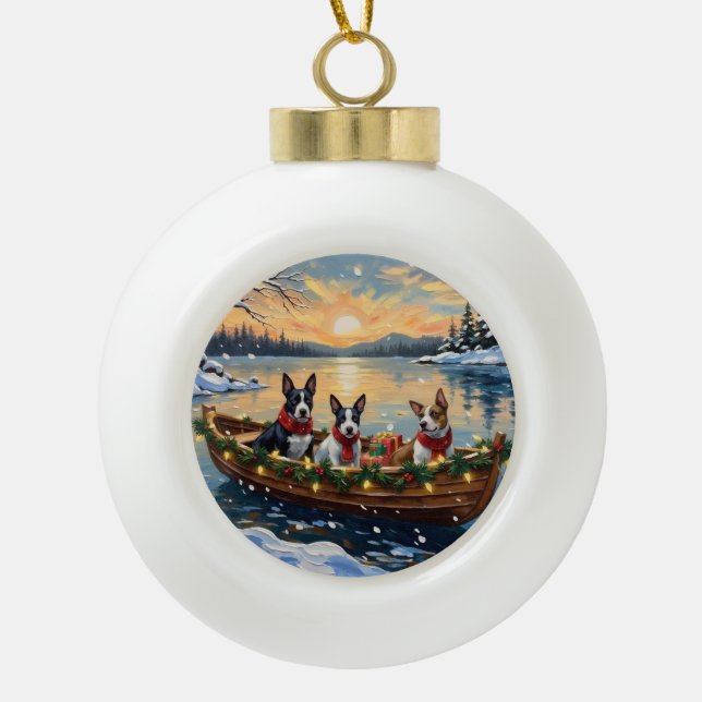 Bull Terrier Christmas Boat Holiday Ceramic Ball Christmas Ornament (Front)