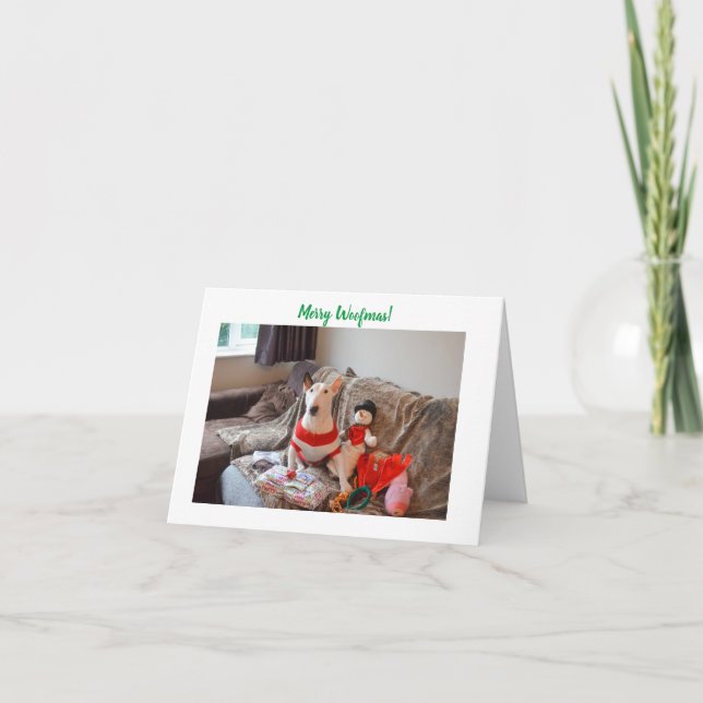Bull Terrier Christmas Card with Snowman (Front)