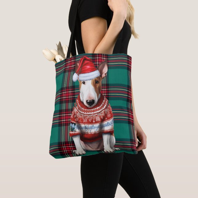 Bull Terrier Christmas Dog Green Seasonal Plaid Tote Bag (Close Up)