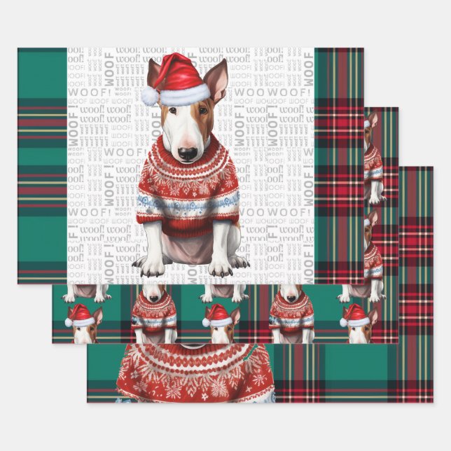 Bull Terrier Christmas Dog Red Green Plaid Wrapping Paper Sheet (Set)