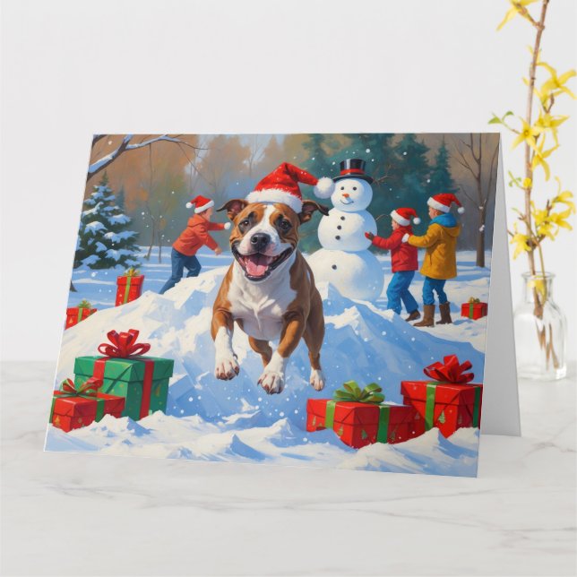 Bull Terrier Christmas Festive Snow Scene Card (Yellow Flower)