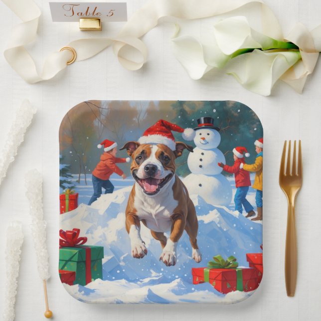 Bull Terrier Christmas Festive Snow Scene Paper Plate (Wedding)