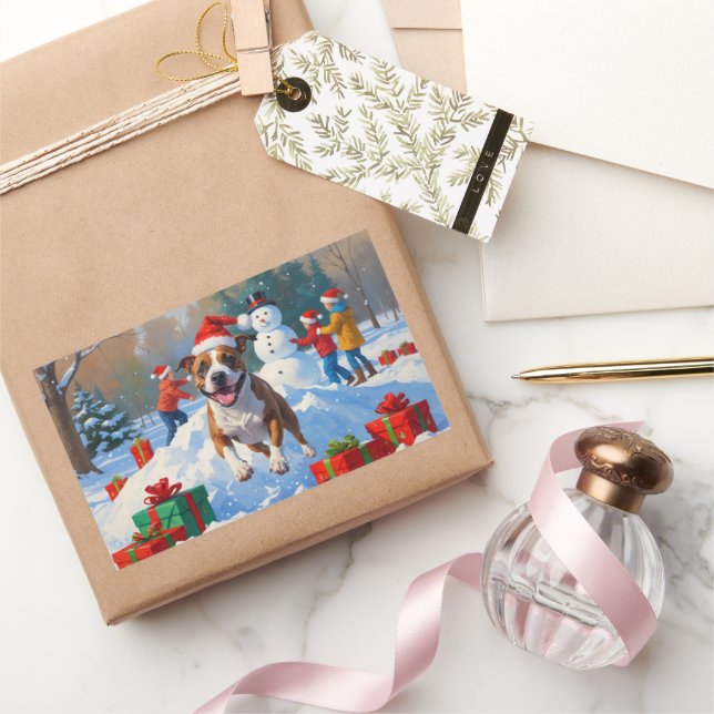 Bull Terrier Christmas Festive Snow Scene Rectangular Sticker (Gifting)