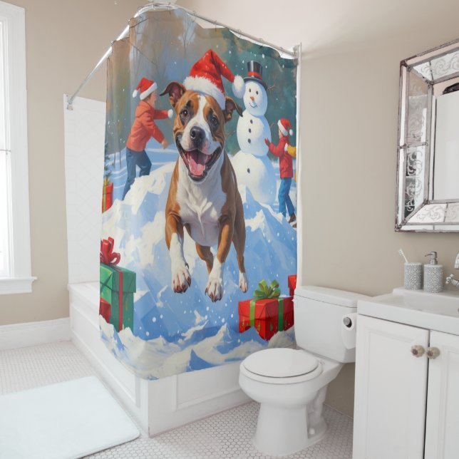 Bull Terrier Christmas Festive Snow Scene Shower Curtain (In Situ)