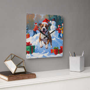 Bull Terrier Christmas Festive Snow Scene Square Wall Clock