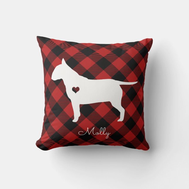 Bull Terrier Christmas Plaid Dog Name Cushion (Front)