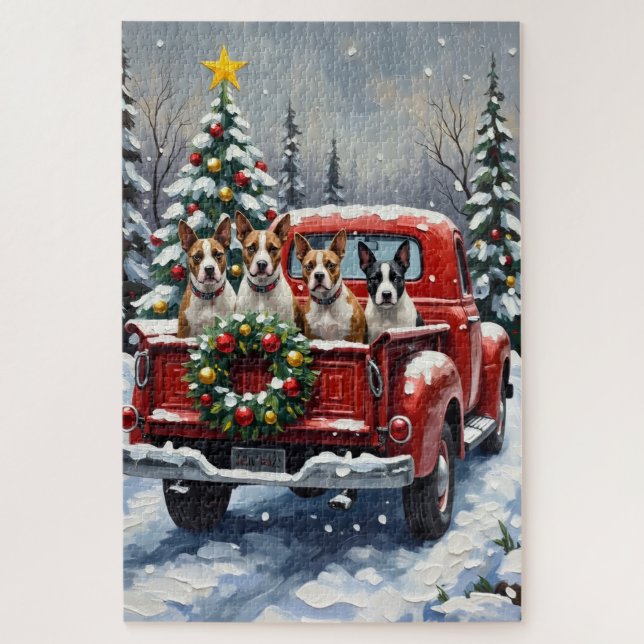 Bull Terrier Christmas Red Truck Holiday Jigsaw Puzzle (Vertical)